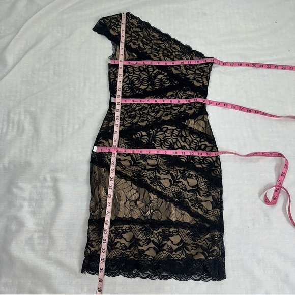 Bebe Women’s size Small Black One Shoulder Lace Overlay Lined Dress - Picture 8 of 14